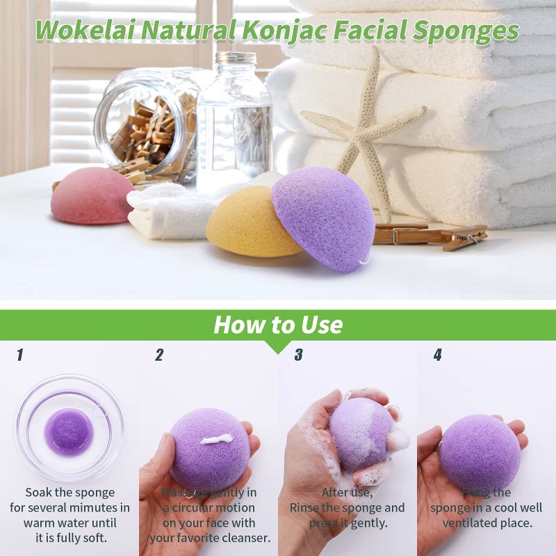 wokelai Konjac Facial Sponges for Cleansing Exfoliating - Konjac Face Sponge for washing Face Body  Organic Natural Cleaning Puff Buff Scrubber for Shower Bath SPA for Babys Men Women - Image 5